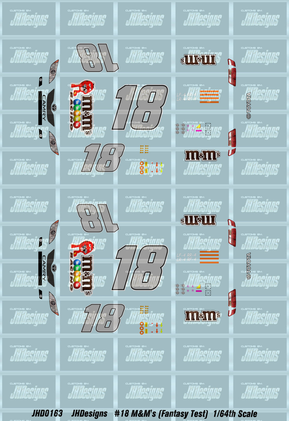 JH Designs Kyle Busch 2008 CUP #18 M&M's (Test Team) 1:64 Racecar Decal Set