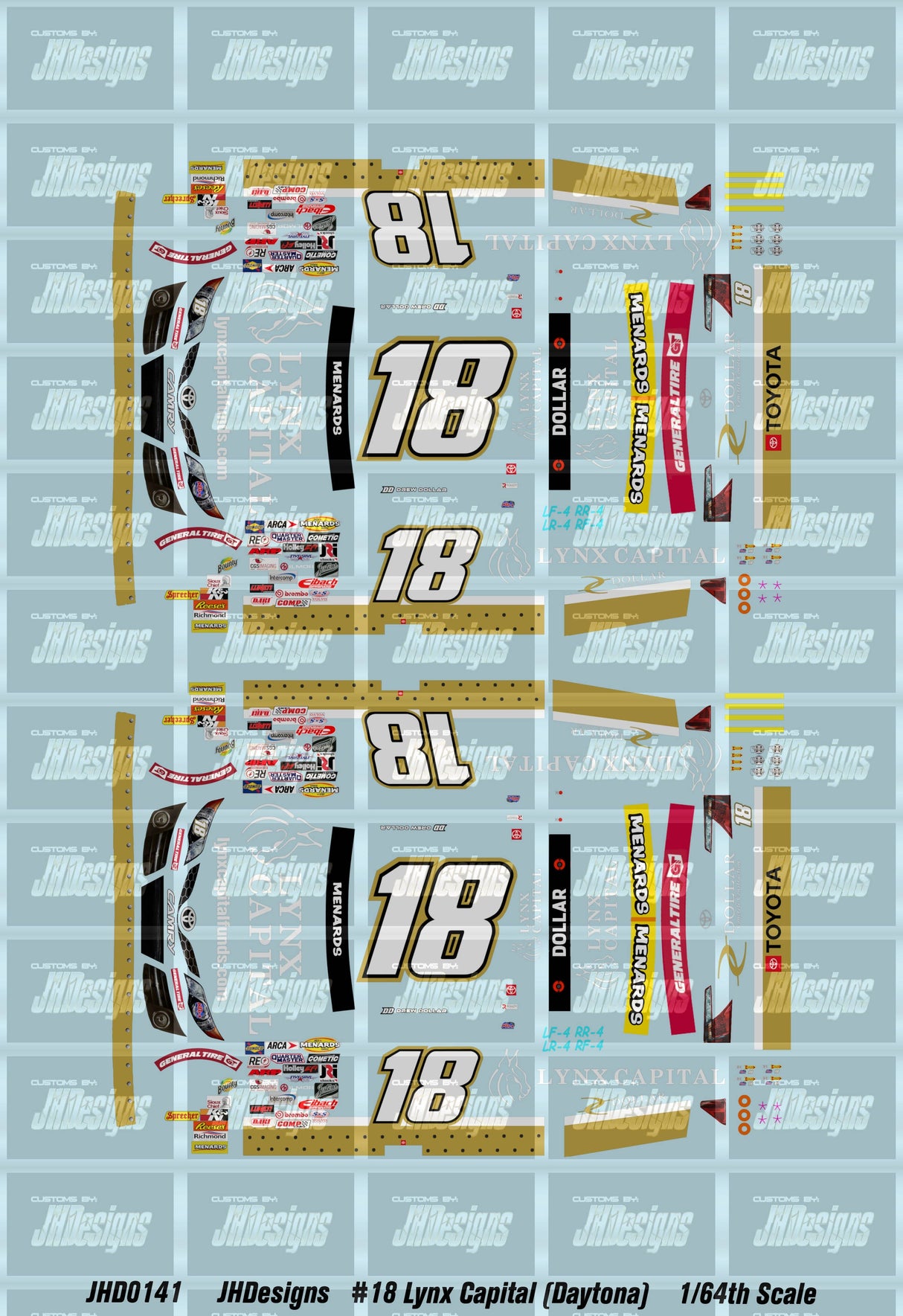 JH Designs Drew Dollar 2022 ARCA #18 Lynx Capital (Daytona) 1:64 Racecar Decal Set