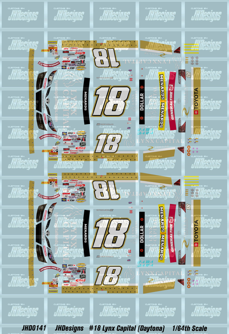 JH Designs Drew Dollar 2022 ARCA #18 Lynx Capital (Daytona) 1:64 Racecar Decal Set