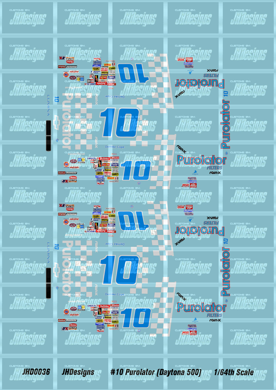 JH Designs Derrike Cope 1990 CUP #10 Purolator (Daytona 500 Race Win) 1:64 Racecar Decal Set