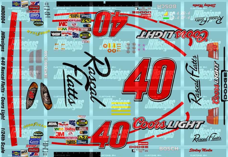 JH Designs Sterling Marlin 2004 CUP #40 Rascal Flatts - Coors Light 1:24 Racecar Decal Set