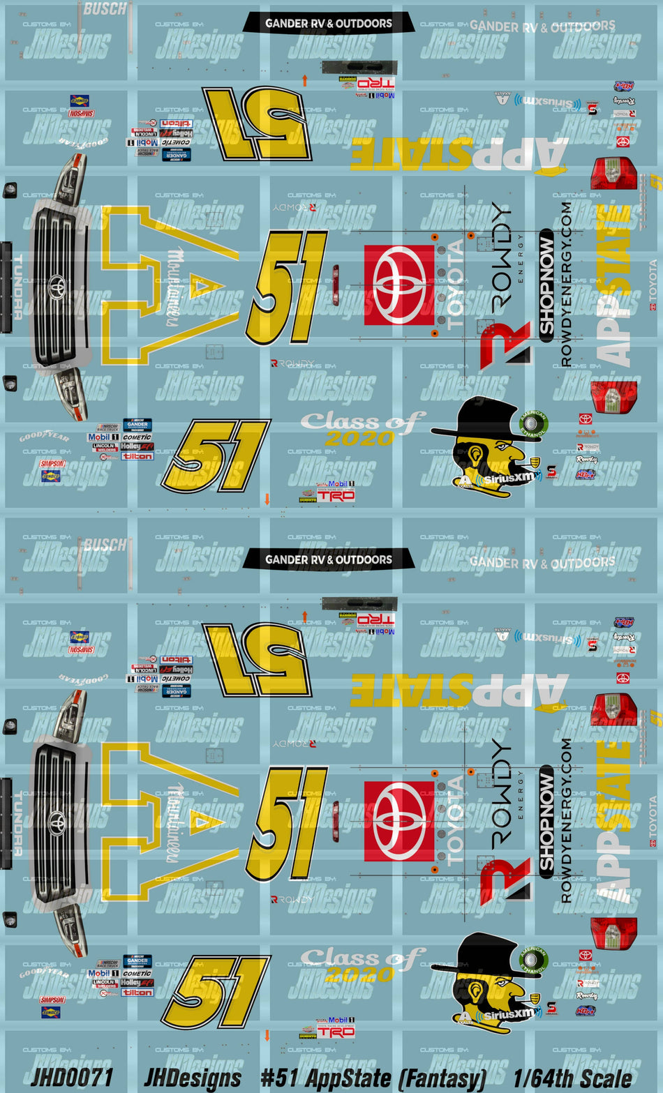 JH Designs Kyle Busch 2020 GMTS #51 AppState (Fantasy) 1:64 Racecar Decal Set