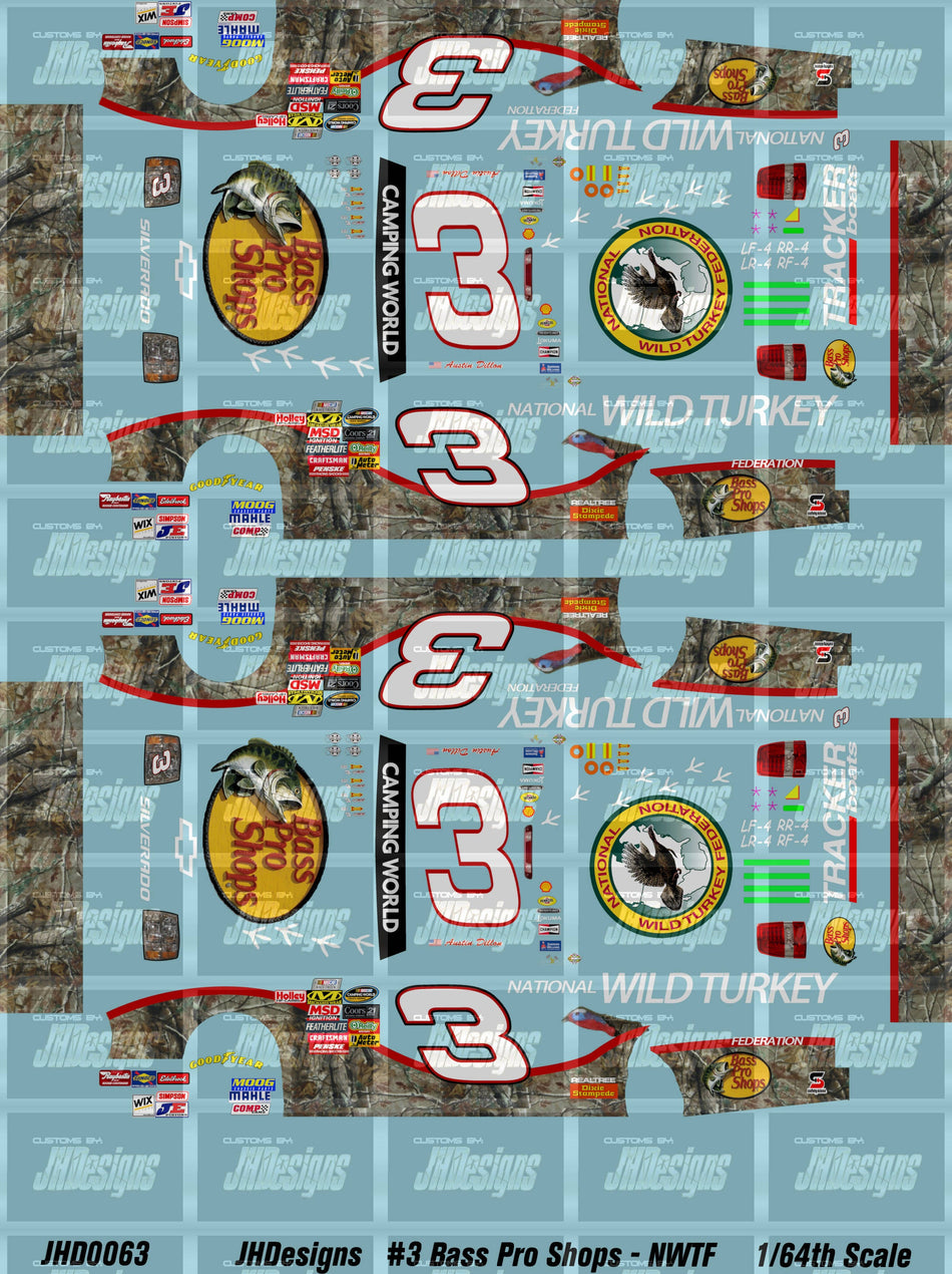 JH Designs Austin Dillon 2010 CTS #3 Bass Pro Shops - NWTF 1:64 Racecar Decal Set