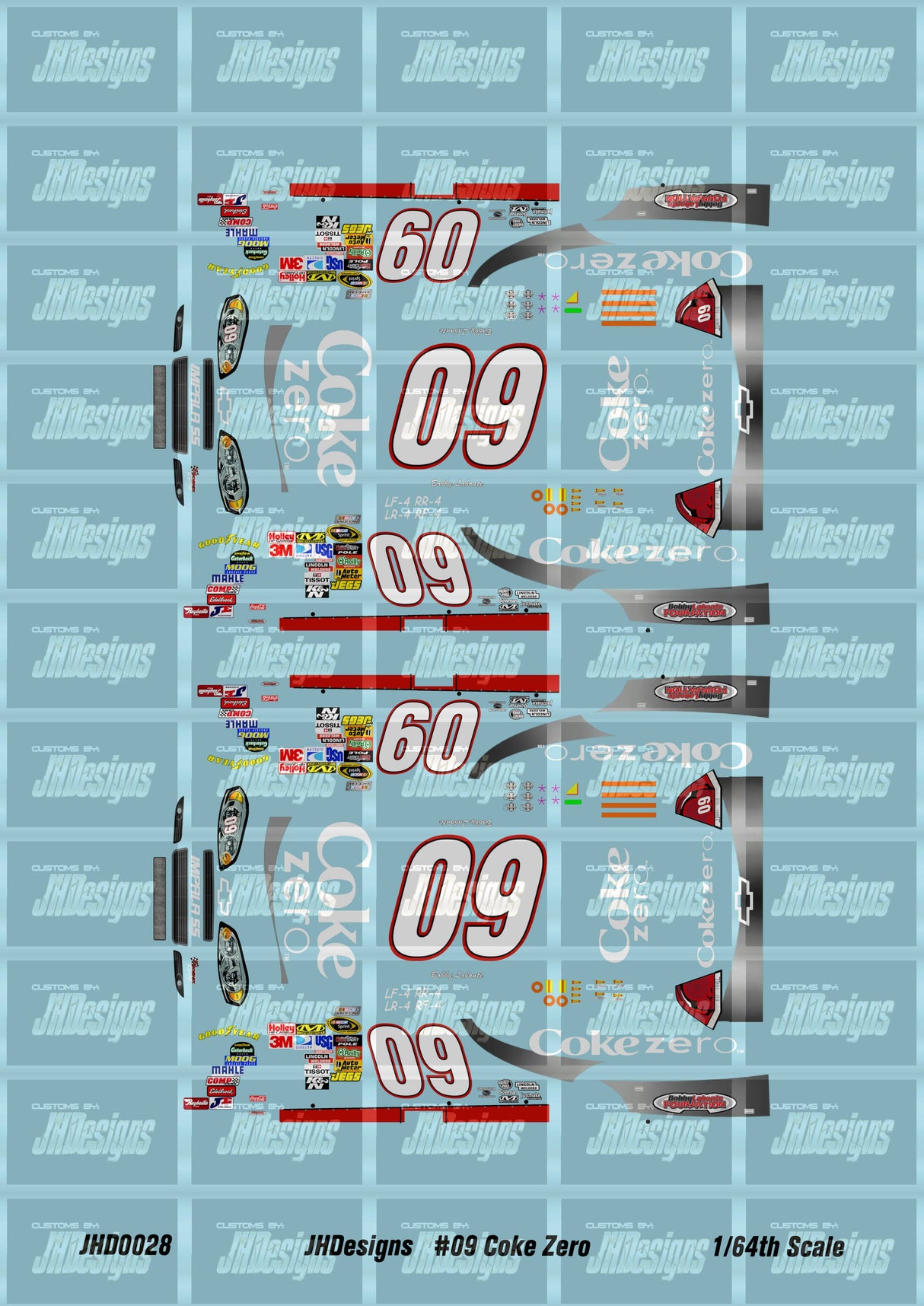 JH Designs Bobby Labonte 2010 CUP #09 Coke Zero 1:64 Racecar Decal Set