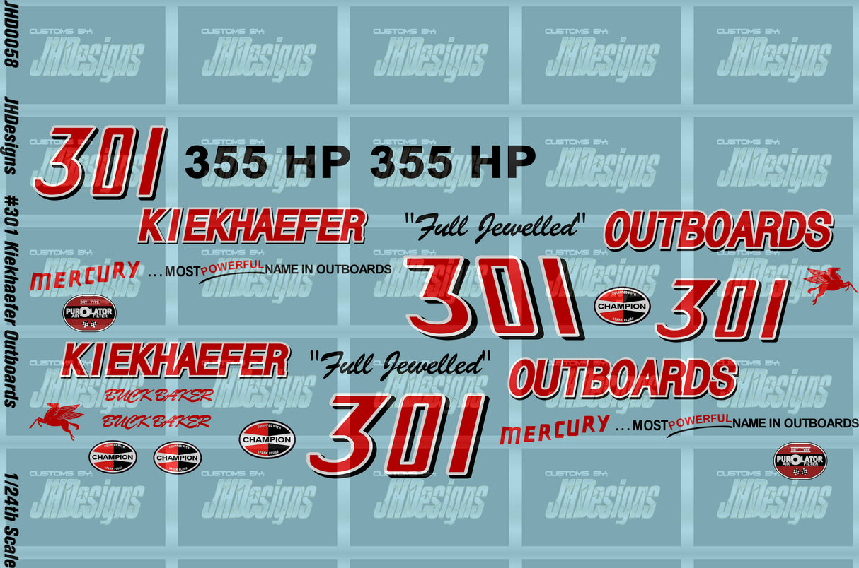 JH Designs Buck Baker 1956 CUP #301 Kiekhaefer Outboards 1:24 Racecar Decal Set