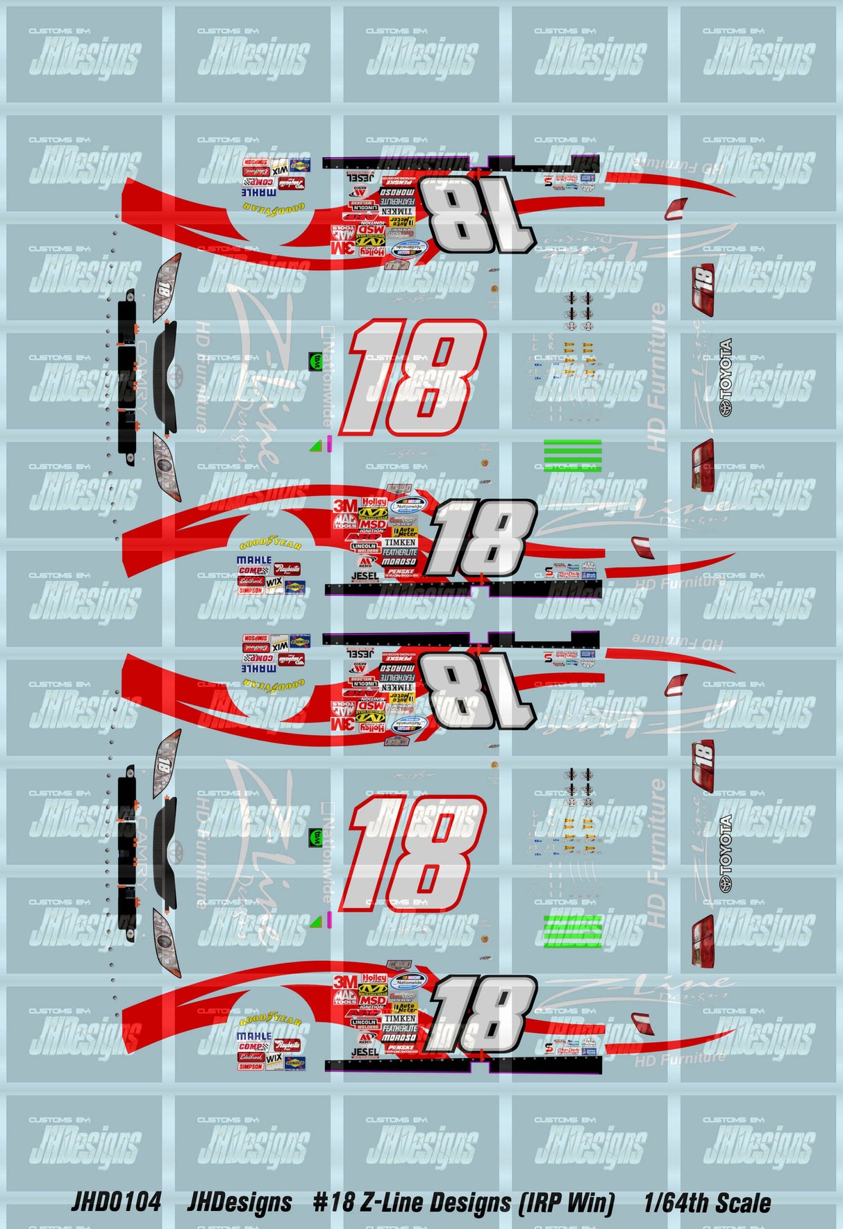 JH Designs Kyle Busch 2008 NWS #18 Z-Line Designs (IRP Race Win) 1:64 Racecar Decal Set
