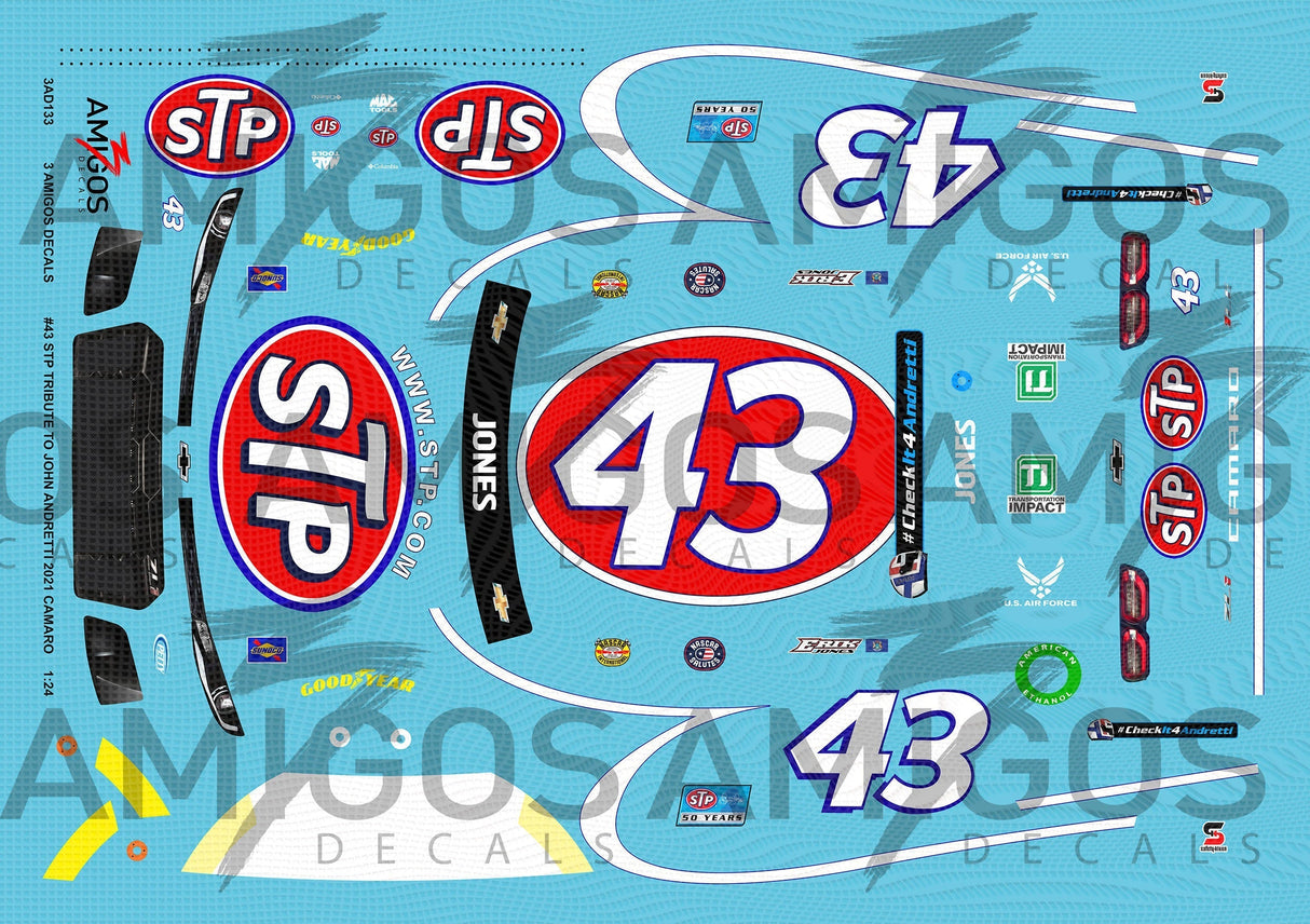 3 Amigos Decals #43 STP John Andretti Tribute 2021 Chevy Camaro 1:24 NEON Decal Set - 1