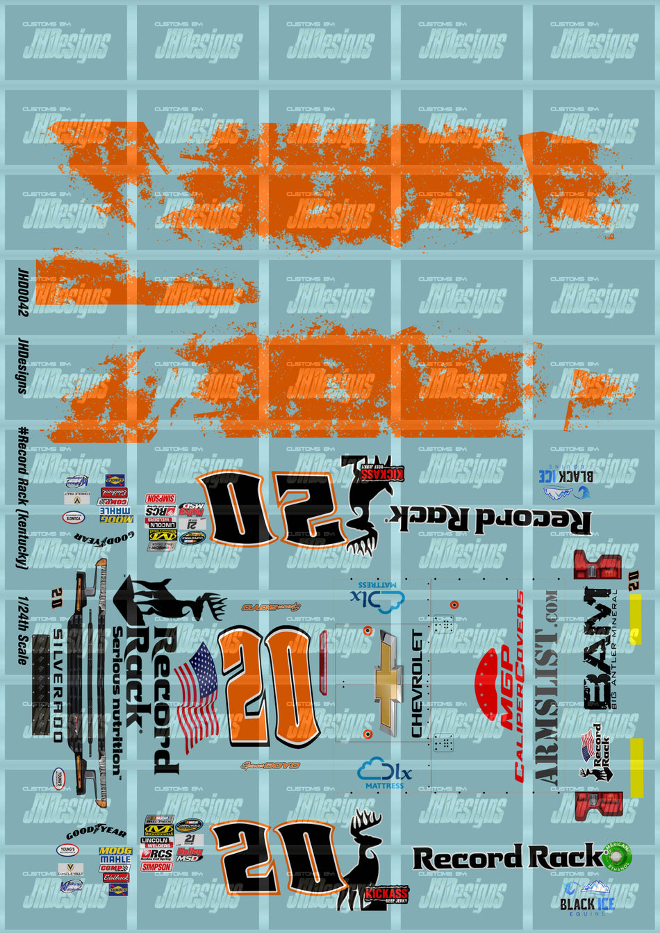 JH Designs Spencer Boyd 2019 GMTS #20 Record Rack (Kentucky Race Version) 1:24 Racecar Decal Set