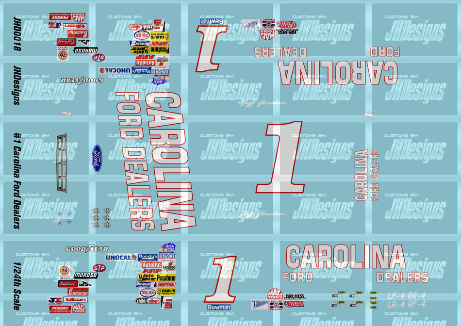 JH Designs Jeff Gordon 1991 NBS #1 Carolina Ford Dealers (Solid Blue Scheme) 1:24 Racecar Decal Set