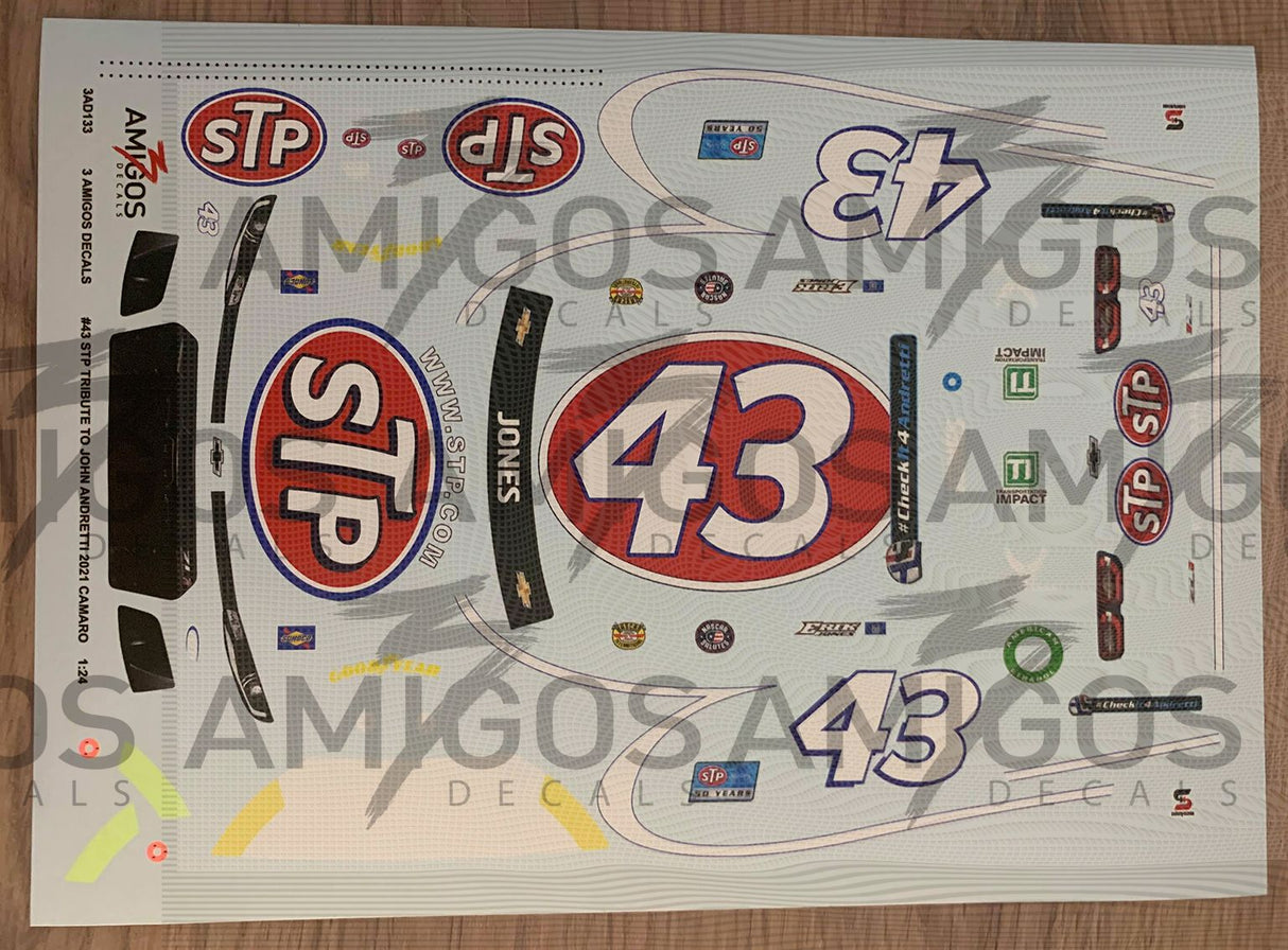 3 Amigos Decals #43 STP John Andretti Tribute 2021 Chevy Camaro 1:24 NEON Decal Set - 2