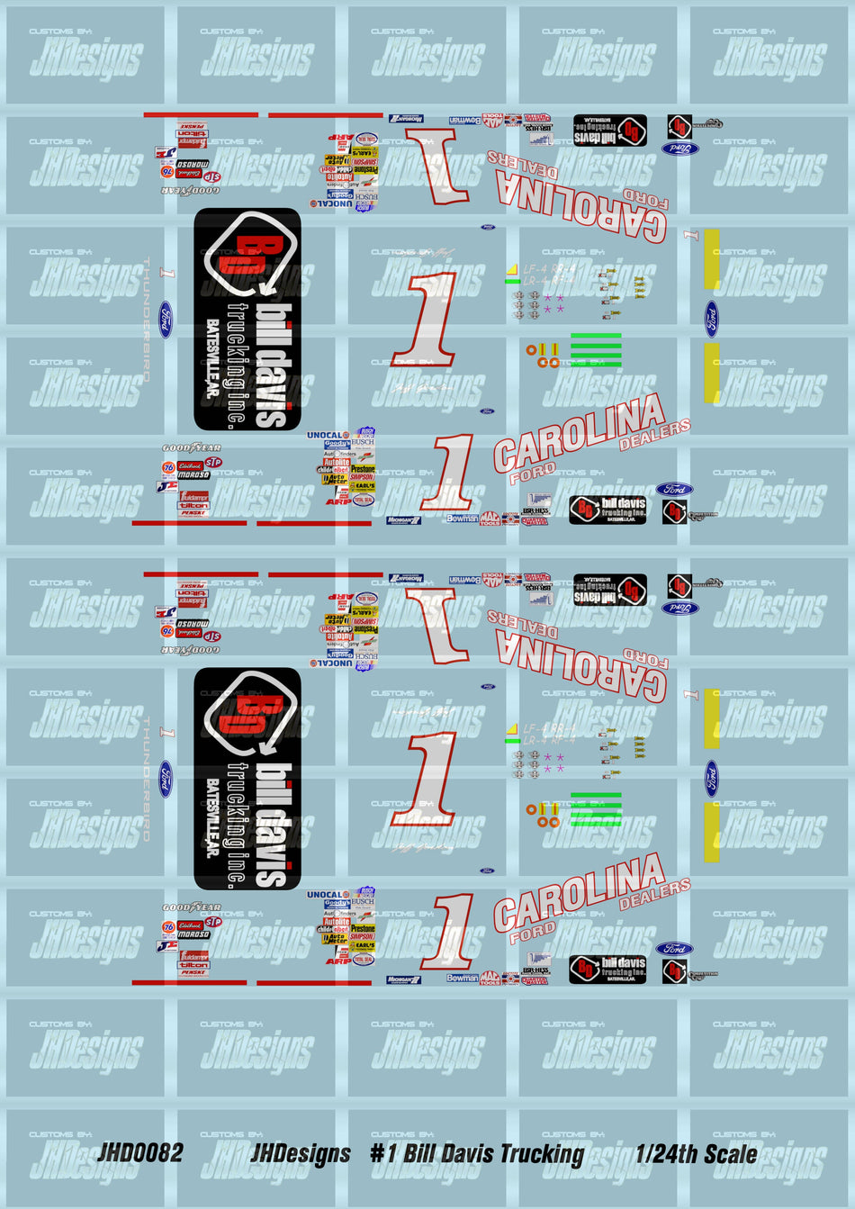 JH Designs Jeff Gordon 1991 NBS #1 Bill Davis Trucking - Carolina Ford 1:64 Racecar Decal Set