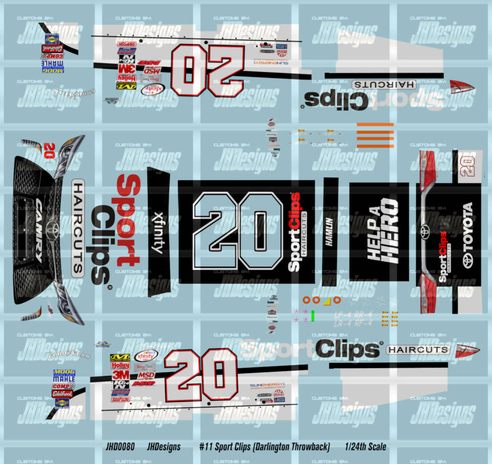 JH Designs Denny Hamlin 2015 NXS #20 Sport Clips Throwback (Darlington Win) 1:24 Racecar Decal Set