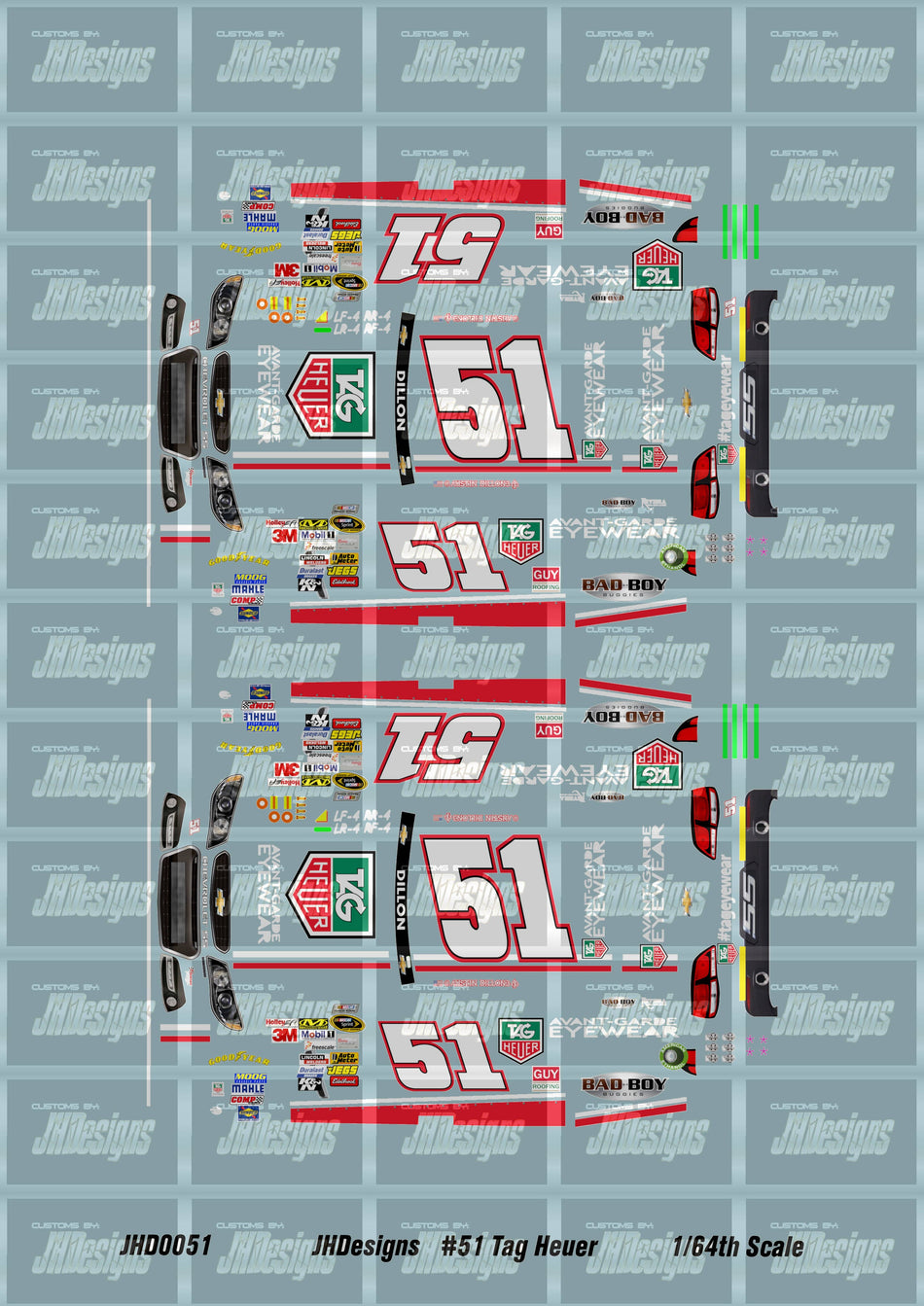 JH Designs Austin Dillon 2013 CUP #51 Tag Heuer Eyewear 1:64 Racecar Decal Set
