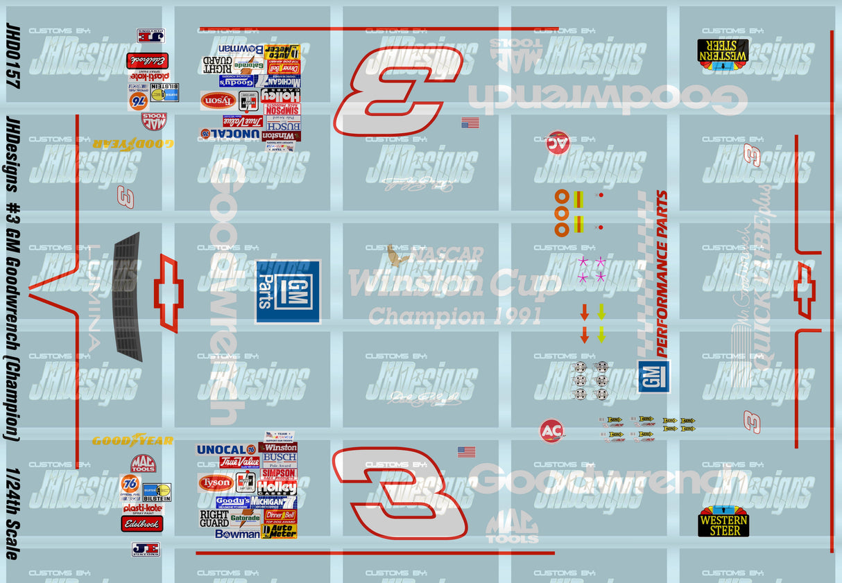 JH Designs Dale Earnhardt 1991 CUP #3 Goodwrench (Champion) 1:24 Racecar Decal Set