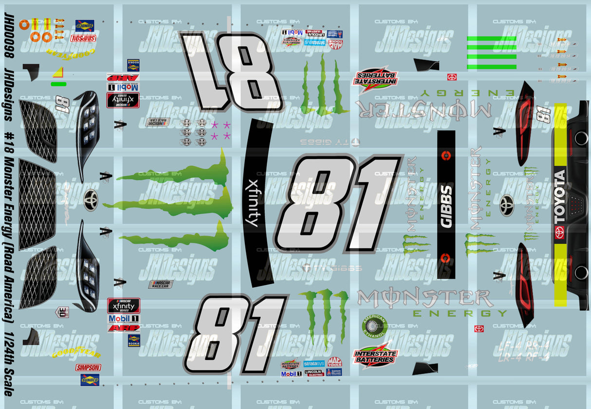 JH Designs Ty Gibbs 2021 XFINITY #81 Monster Energy (Road America) 1:24 Racecar Decal Set