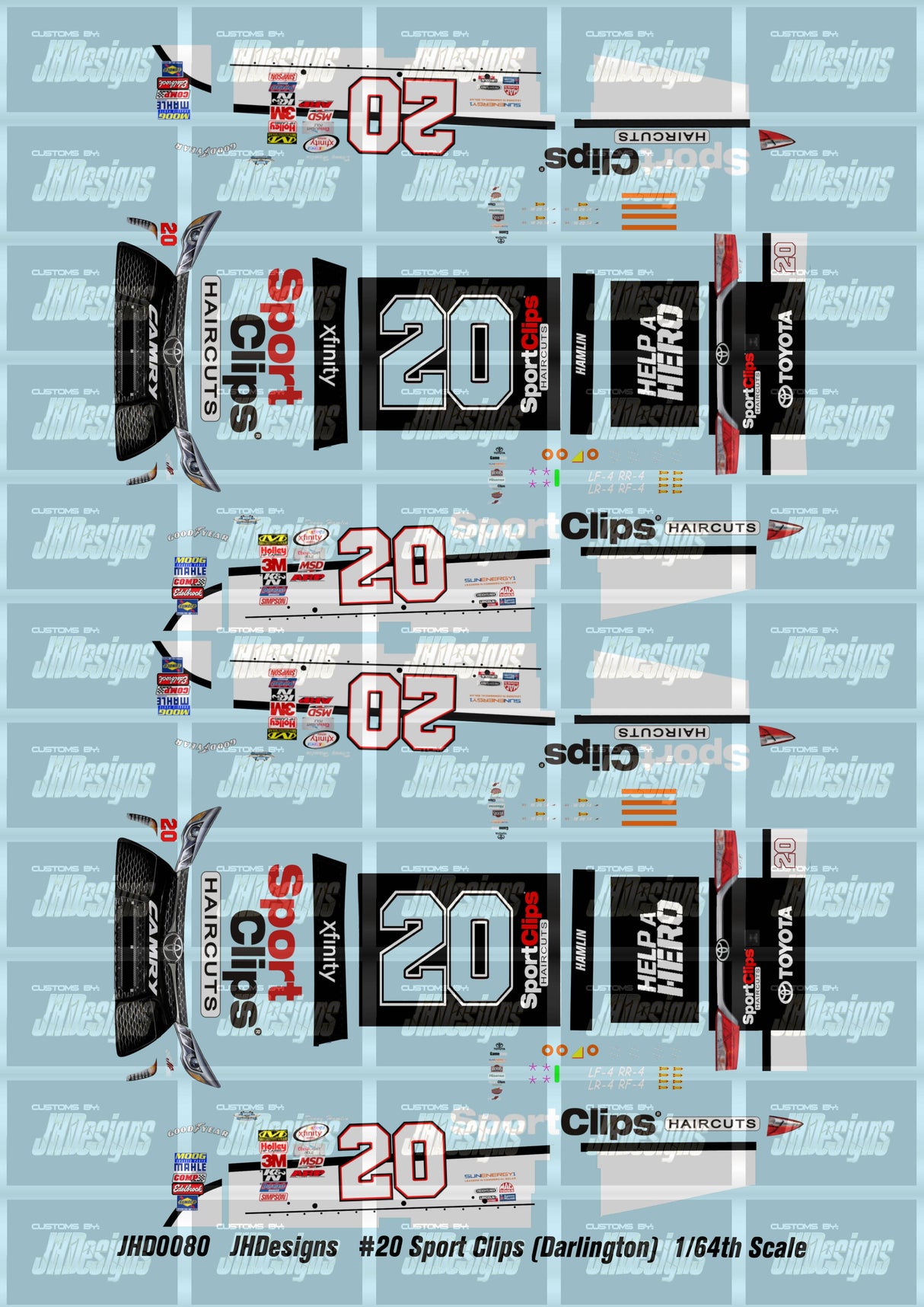 JH Designs Denny Hamlin 2015 NXS #20 Sport Clips Throwback (Darlington Win) 1:64 Racecar Decal Set