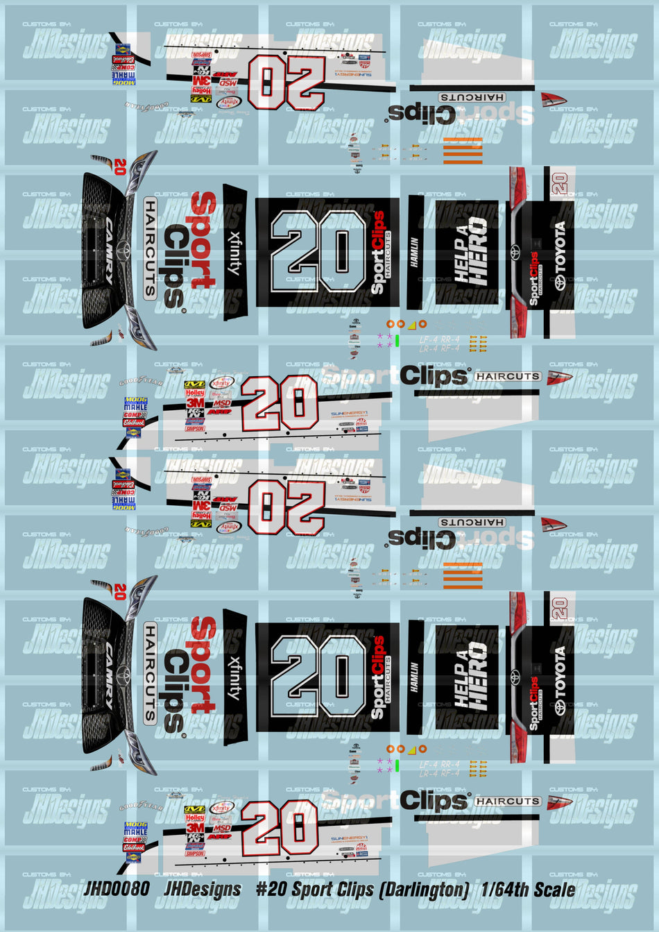 JH Designs Denny Hamlin 2015 NXS #20 Sport Clips Throwback (Darlington Win) 1:64 Racecar Decal Set