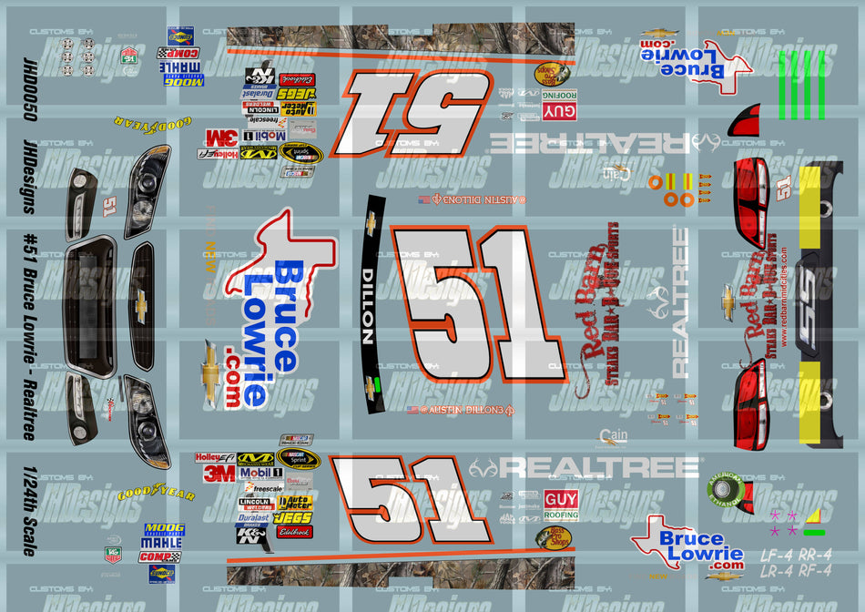 JH Designs Austin Dillon 2013 CUP #51 Bruce Lowrie Chevrolet - Realtree 1:24 Racecar Decal Set