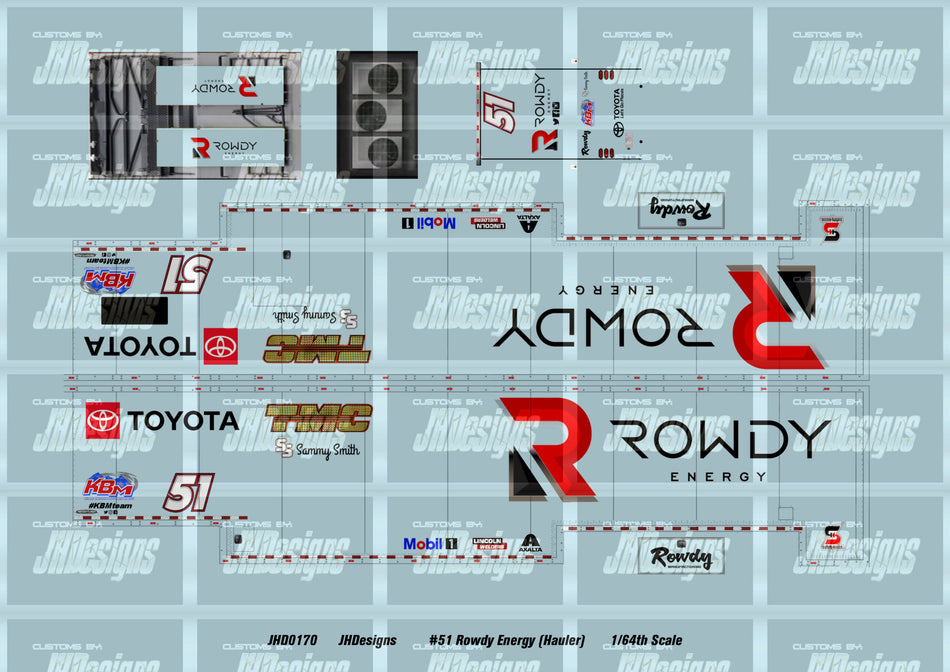 JH Designs Kyle Busch - Sammy Smith 2020 LMS #51 Rowdy Energy 1:64 Hauler Decal Set