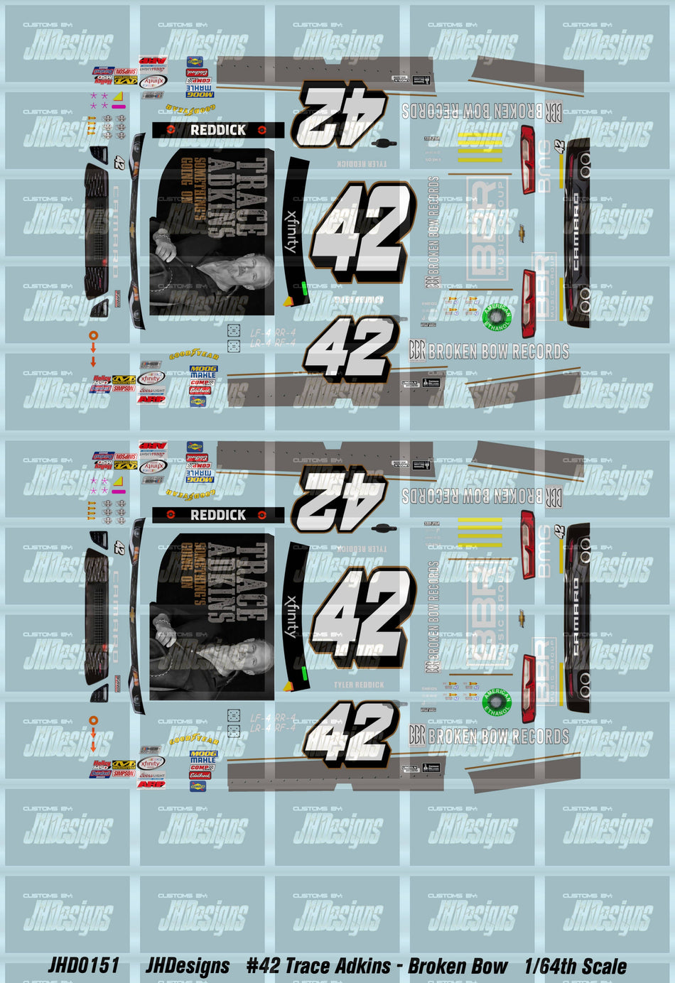 JH Designs Tyler Reddick 2017 NXS #42 Trace Adkins - Broken Bow Records (Daytona) 1:64 Racecar Decal Set