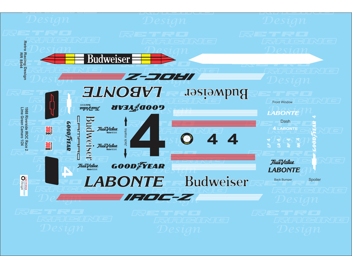 Retro Racing Design '88 Terry Labonte #4 IROC Chevrolet Camaro Watkins Glen Race 4 1/24 Scale Decal