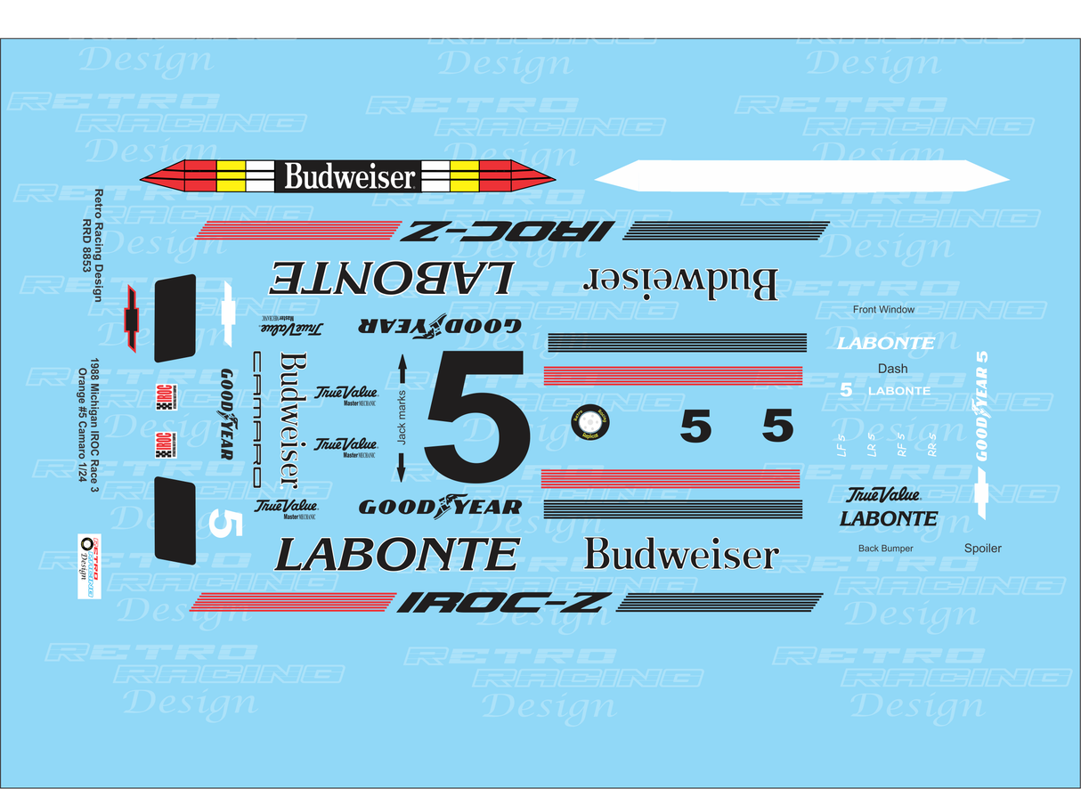Retro Racing Design '88 Terry Labonte #5 IROC Chevrolet Camaro Michigan Orange 1/24 Scale Decal