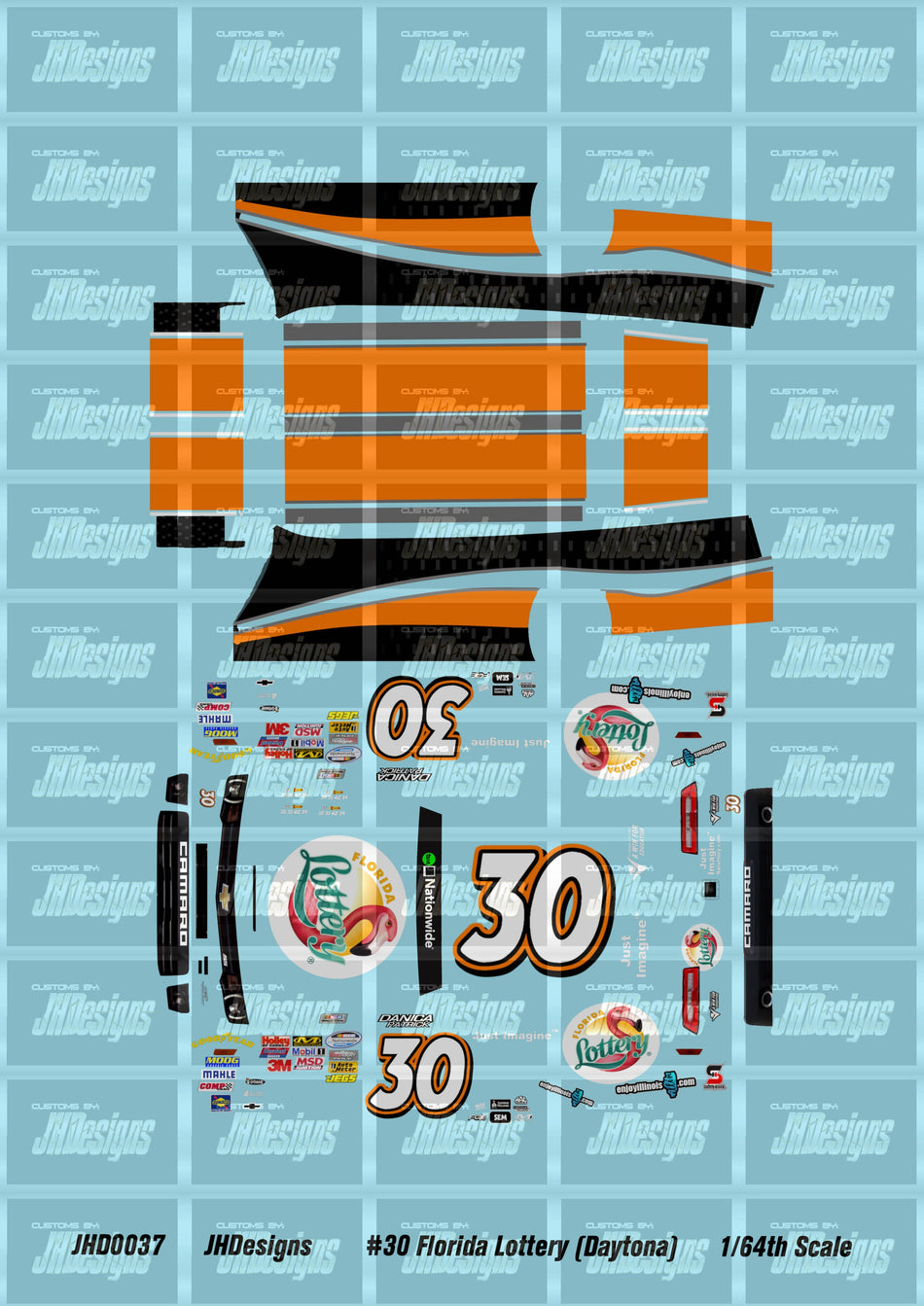 JH Designs Danica Patrick 2014 NWS #30 Florida Lottery 1:64 Racecar Decal Set