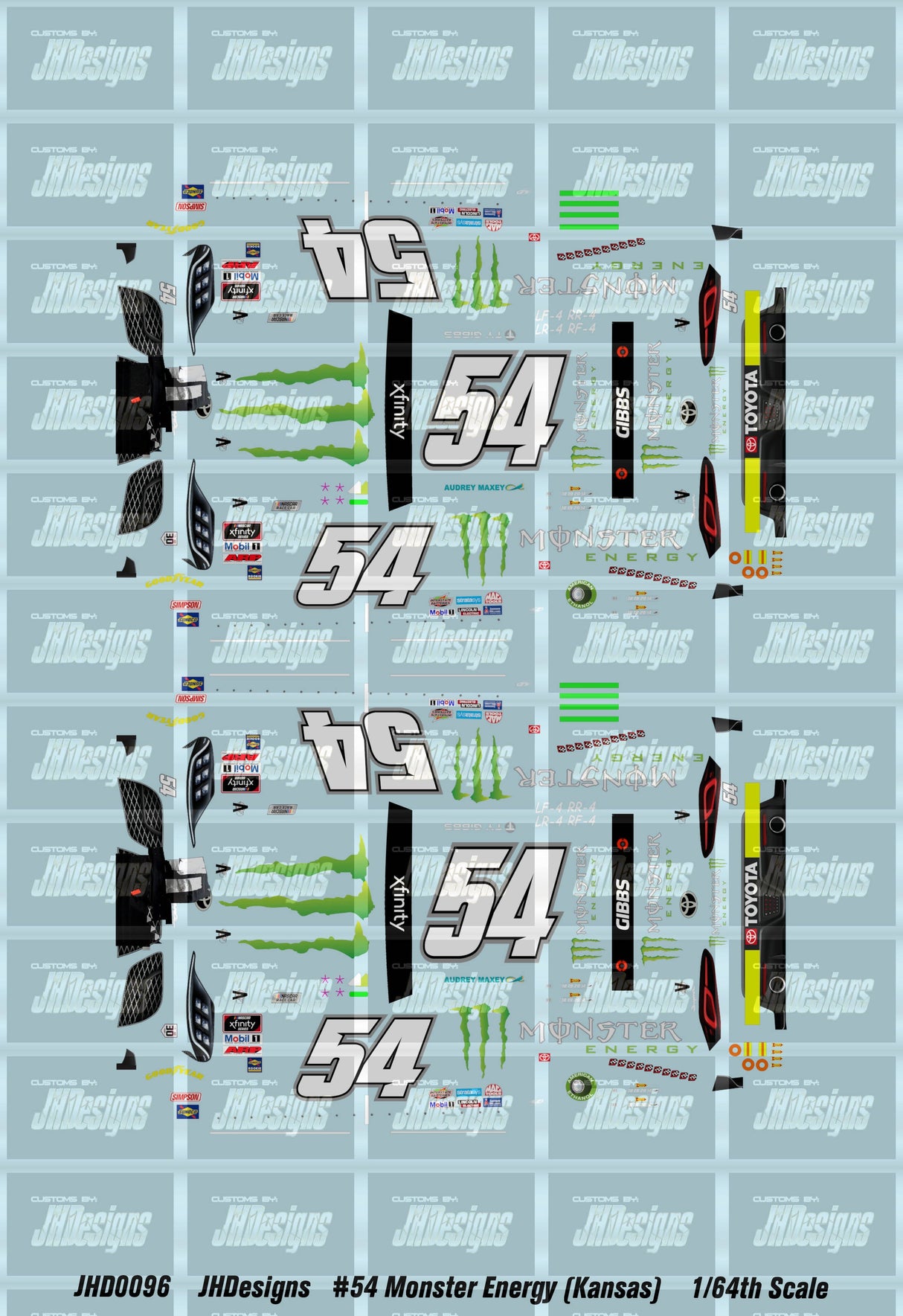 JH Designs Ty Gibbs 2021 XFINITY #54 Monster Energy (Kansas) 1:64 Racecar Decal Set