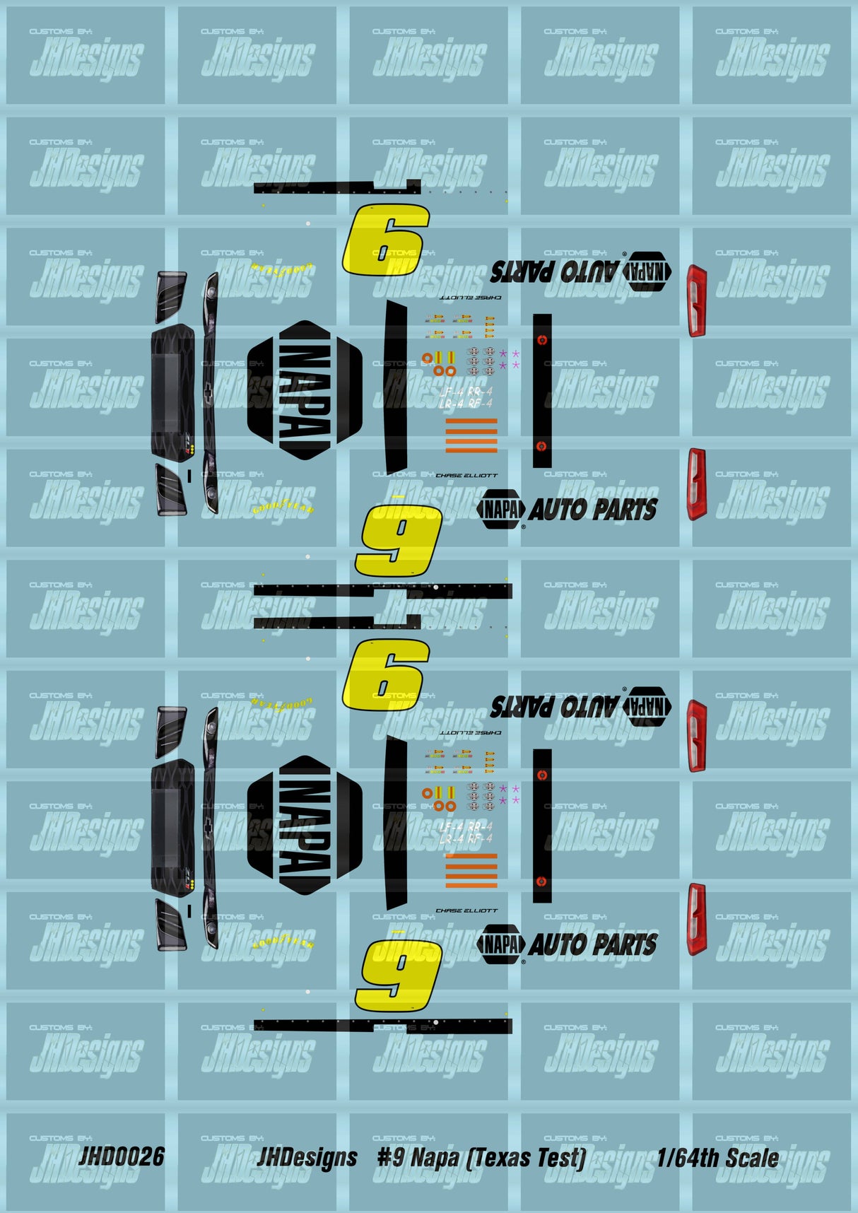 JH Designs Chase Elliott 2018 CUP #9 Napa Auto Parts (Texas Tire Test Scheme) 1:64 Racecar Decal Set
