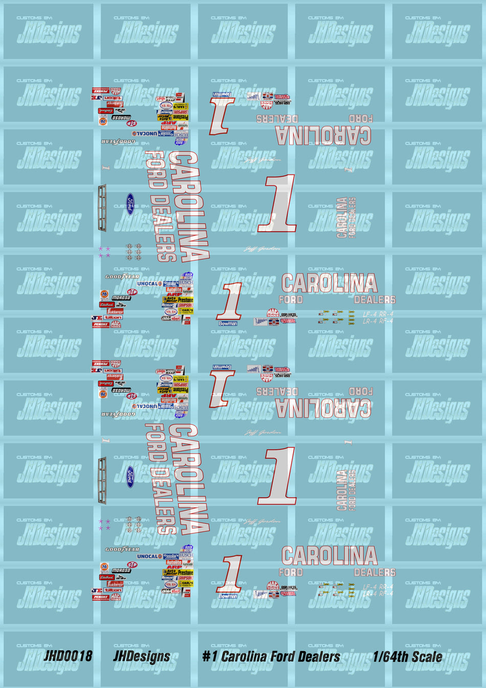 JH Designs Jeff Gordon 1991 NBS #1 Carolina Ford Dealers (Solid Blue Scheme) 1:64 Racecar Decal Set