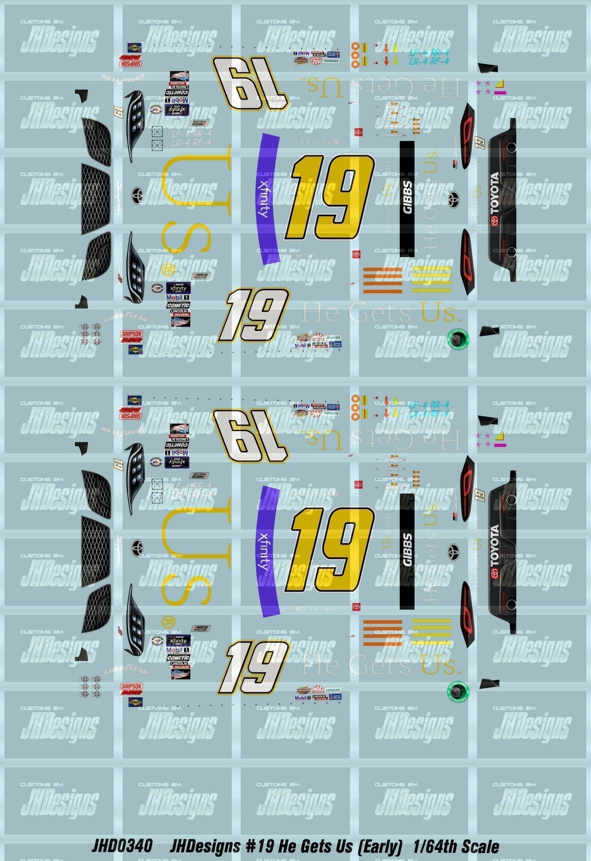 JH Designs Ty Gibbs 2023 NXS #19 He Gets Us (Late Season) 1:64 Racecar Decal Set