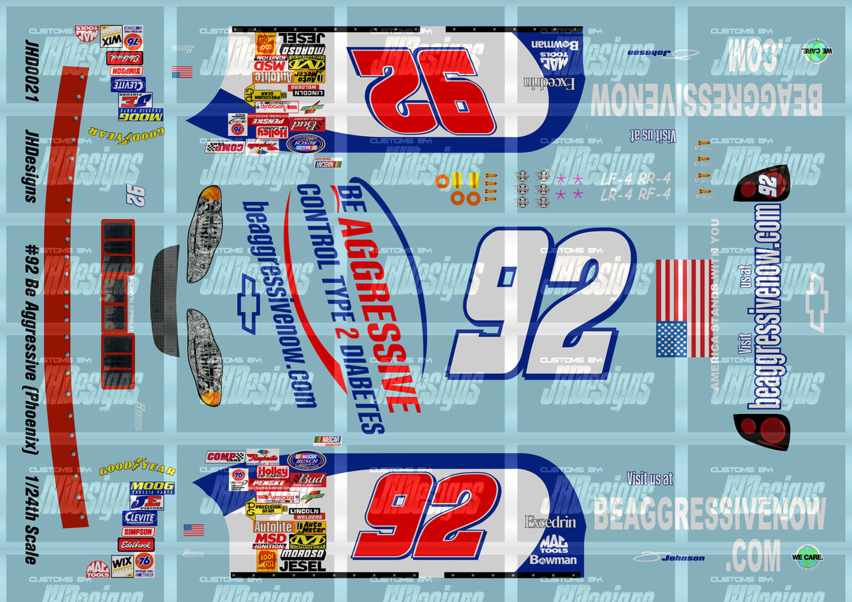 JH Designs Jimmie Johnson 2001 NBS #92 Beagressive.com (Phoenix Race Version) 1:24 Racecar Decal Set