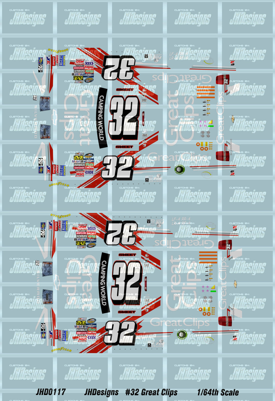 JH Designs Brad Sweet 2011 CWTS #32 Great Clips (Daytona) 1:64 Racecar Decal Set