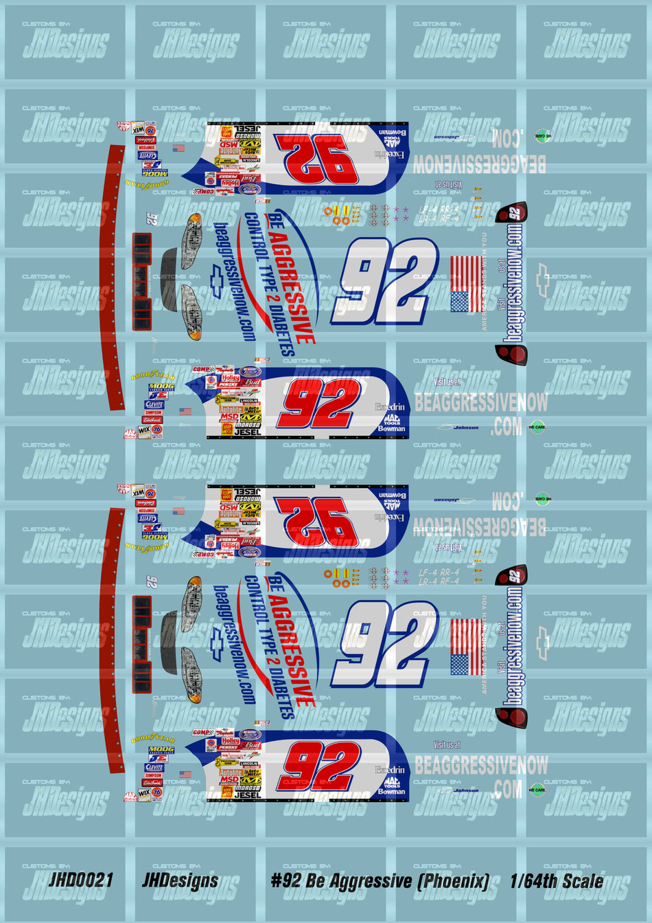 JH Designs Jimmie Johnson 2001 NBS #92 Beagressive.com (Phoenix Race Version) 1:64 Racecar Decal Set