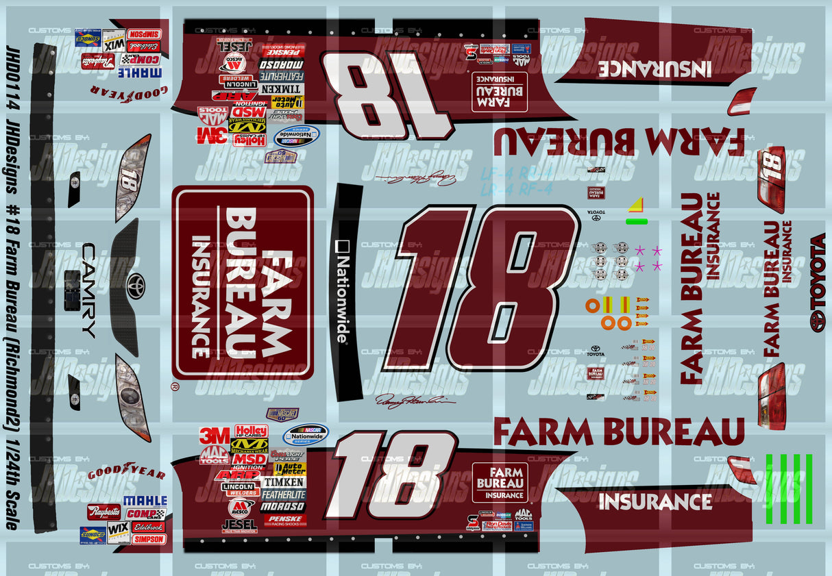 JH Designs Denny Hamlin 2008 NWS #18 Farm Bureau Insurance (Richmond2) 1:24 Racecar Decal Set
