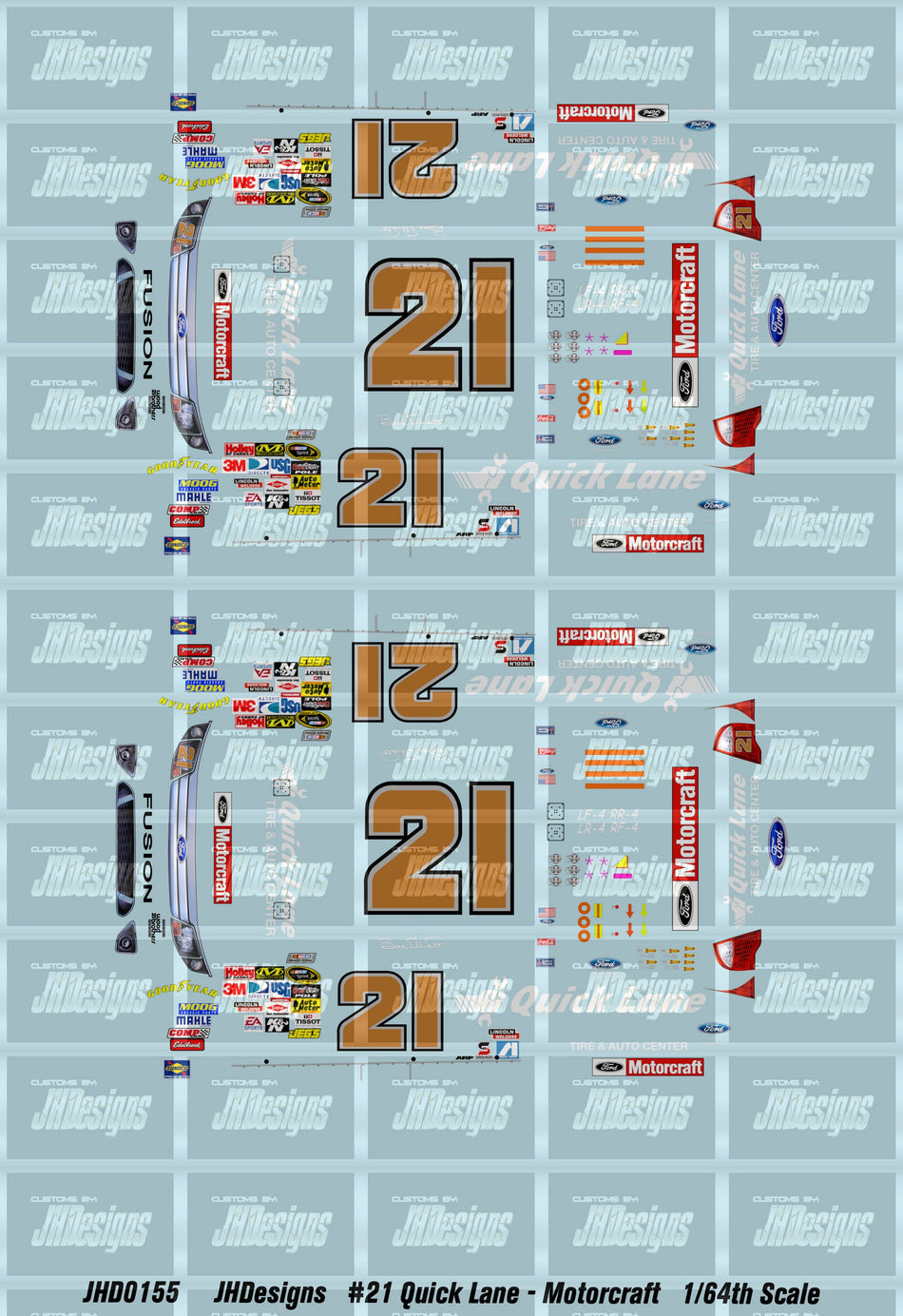 JH Designs Bill Elliott 2009 CUP #21 Quick Lane - Motorcraft 1:64 Racecar Decal Set