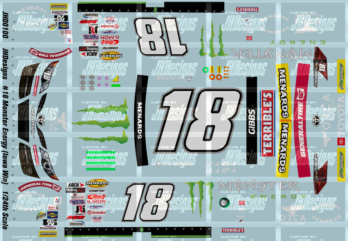 JH Designs Ty Gibbs 2020 ARCA #18 Monster Energy (Iowa Race Win) 1:24 Racecar Decal Set