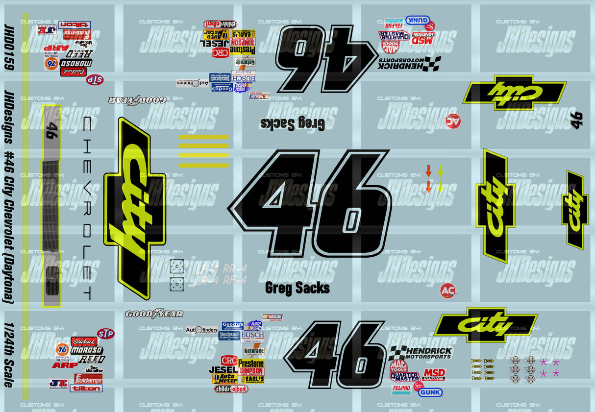 JH Designs Greg Sacks 1990 NBS #46 City Chevrolet (Daytona) 1:24 Racecar Decal Set
