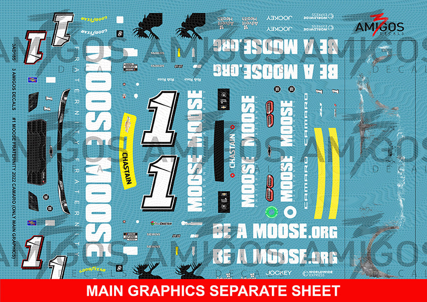 3 Amigos Decals 1:24 #1 MOOSE FRATERNITY (ONLY MAIN GRAPHICS SHEET)