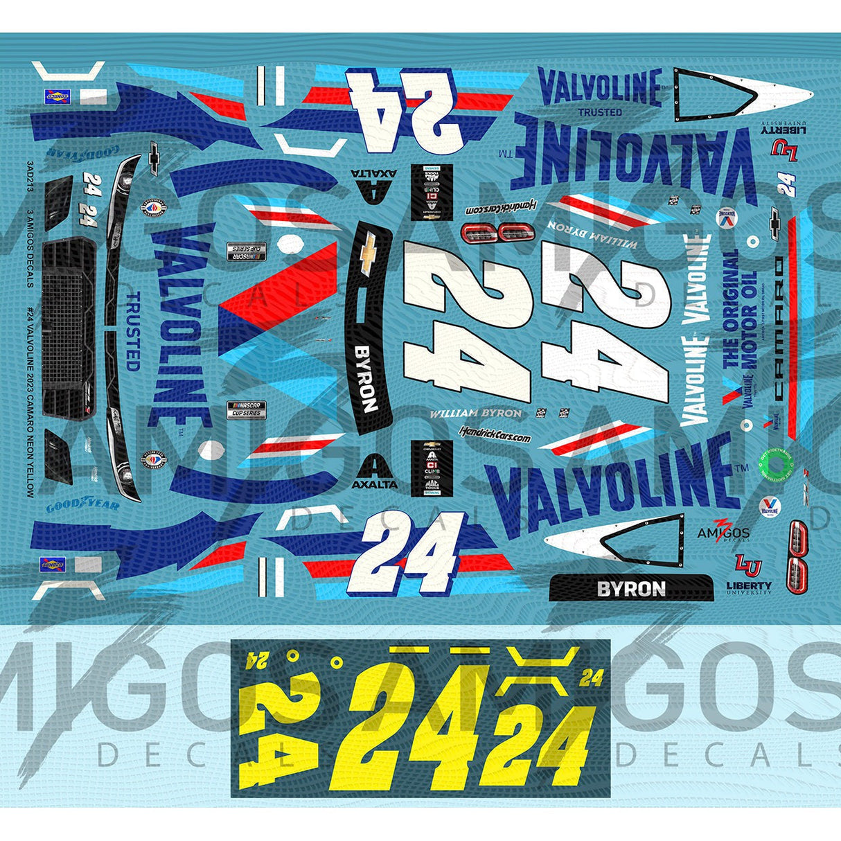 3 Amigos Decals #24 Valvoline NEON YELLOW 2023 Camaro Decal Set 1:24
