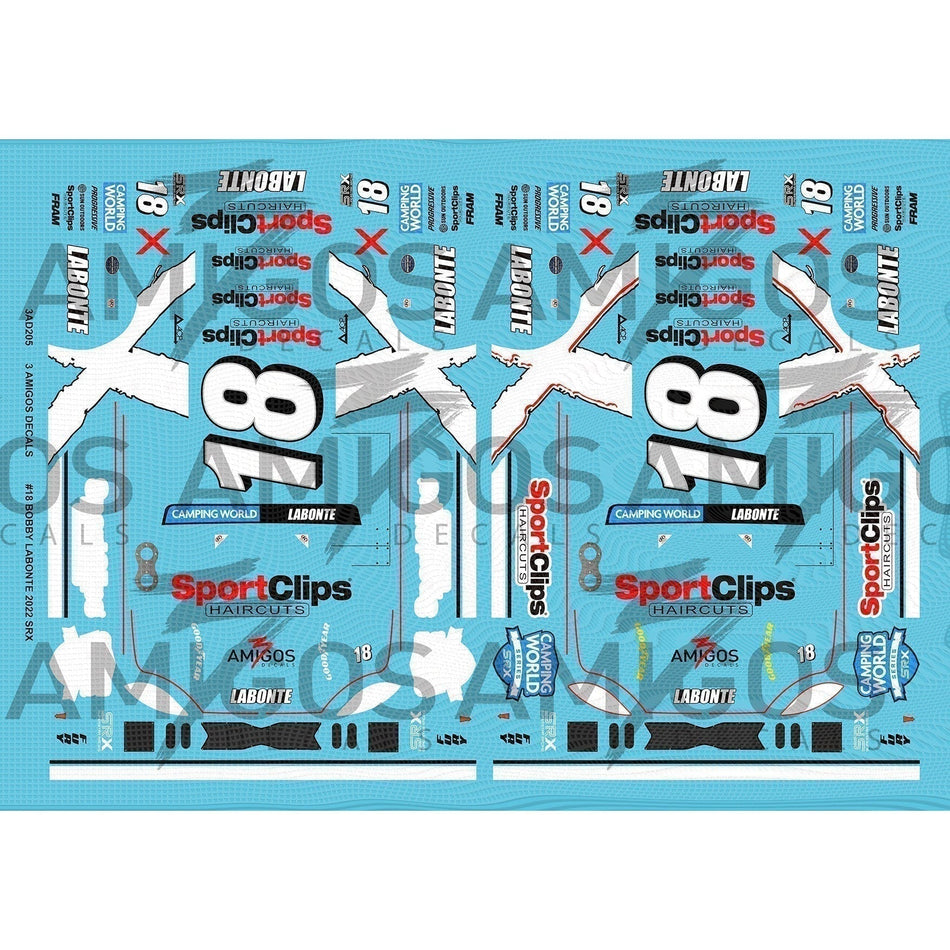 3 Amigos Decals #18 SPORT CLIPS BOBBY LABONTE 2022 SRX SERIES 1:24 DECAL SET