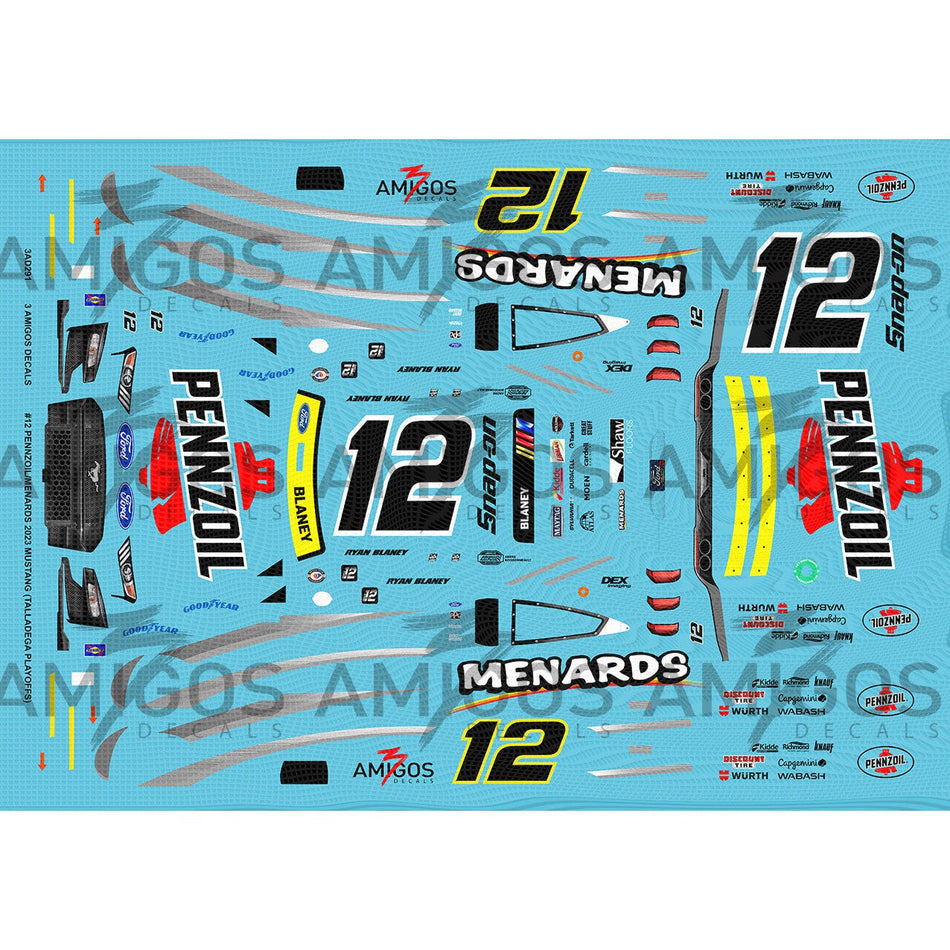 3 Amigos Decals #12 PENNZOIL/MENARDS 2023 MUSTANG TALLADEGA PLAYOFFS Decal Set 1:24