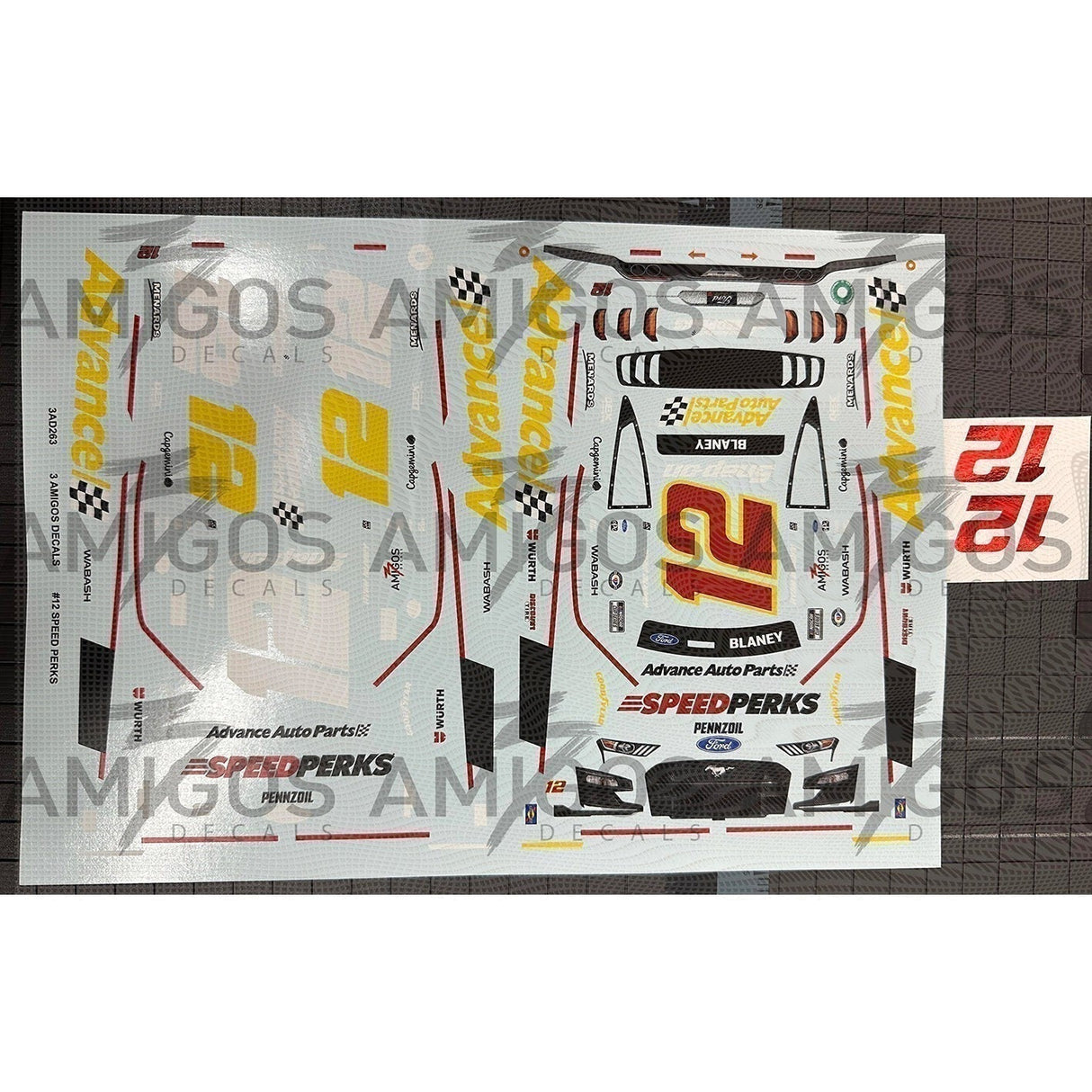 3 Amigos Decals #12 SPEED PERKS 2023 MUSTANG WITH RED FOIL NUMBERS 1:24 DECAL SET