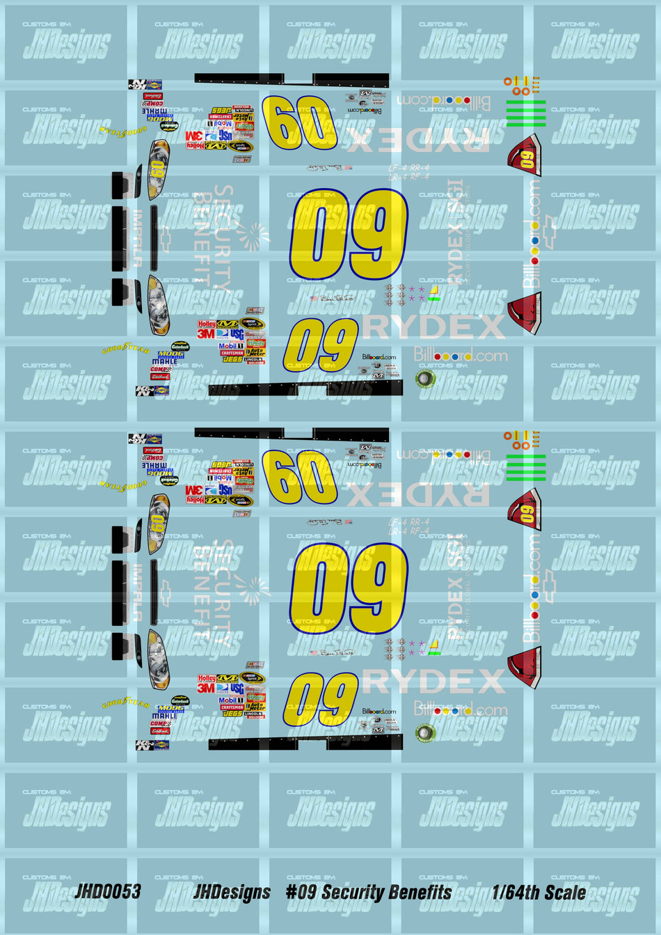 JH Designs Bill Elliott 2011 CUP #09 Security Benefits 1:64 Racecar Decal Set