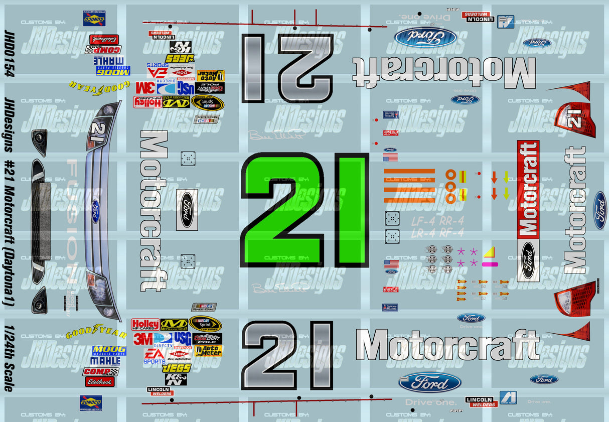 JH Designs Bill Elliott 2009 CUP #21 Motorcraft (Daytona 500) 1:24 Racecar Decal Set