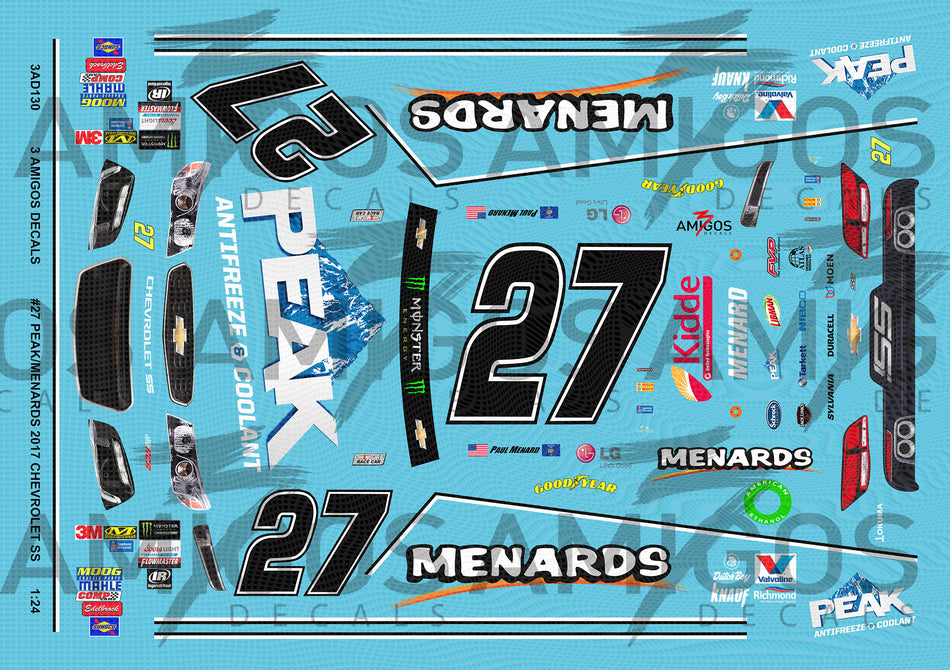 3 Amigos Decals #27 Peak Mendards 2017 Chevy SS 1:24 Decal Set - 1