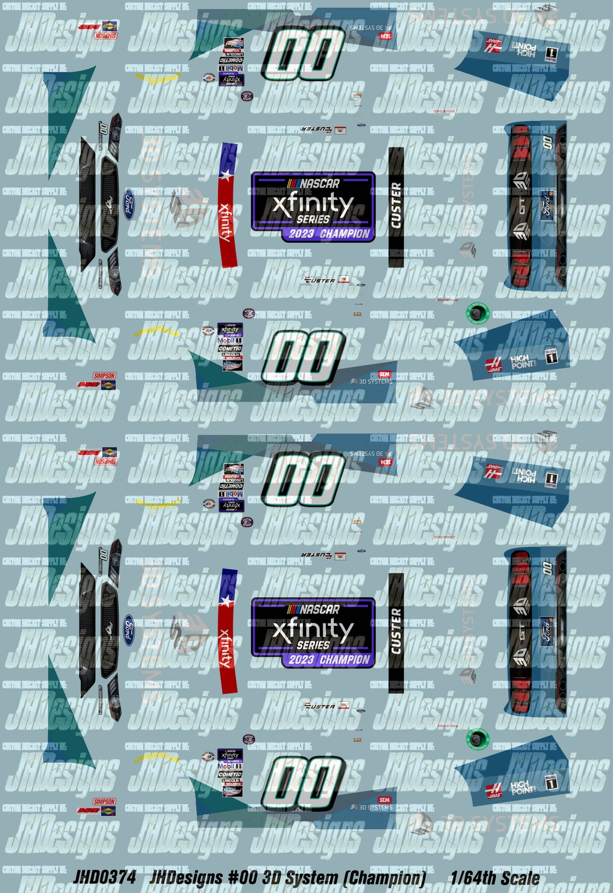 JH Designs Cole Custer 2023 NXS #00 3D Systems (Xfinity Series Champion) 1:64 Racecar Decal Set