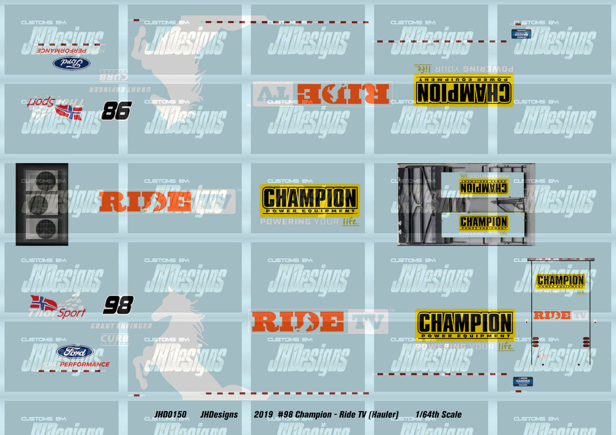 JH Designs Grant Enfinger 2020 CWTS #98 Champion - RideTV 1:64 Hauler Decal Set