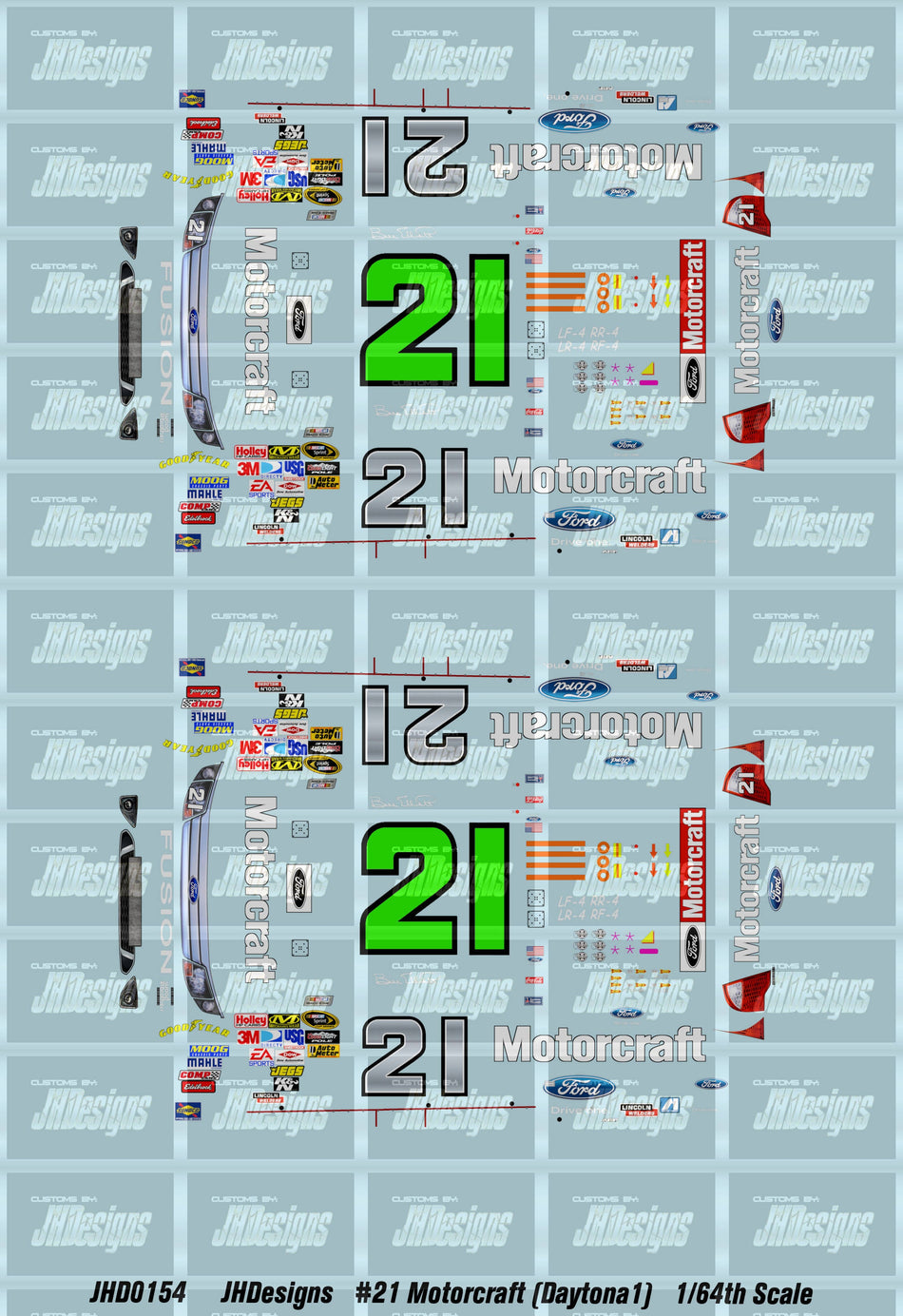 JH Designs Bill Elliott 2009 CUP #21 Motorcraft (Daytona 500) 1:64 Racecar Decal Set