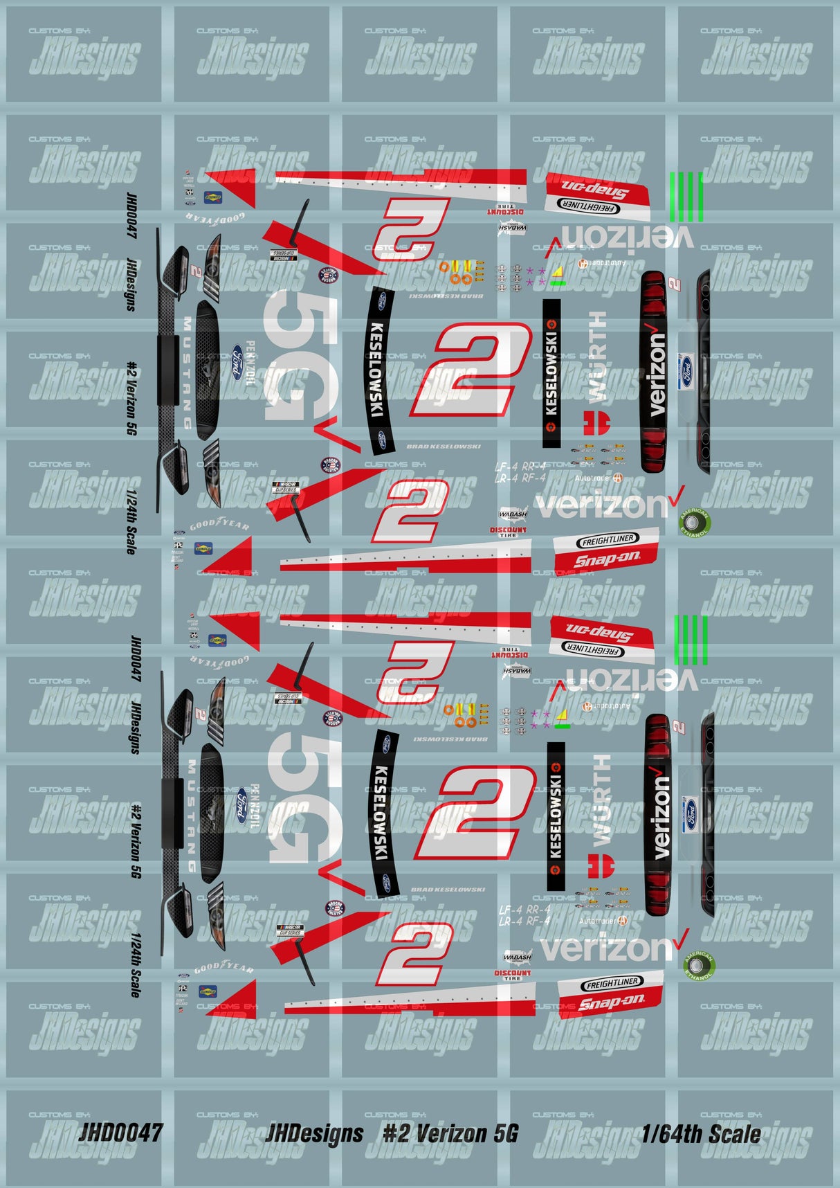 JH Designs Brad Keselowski 2021 CUP #2 Verizon 5G 1:64 Racecar Decal Set